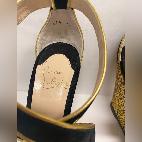 CHRISTIAN LOUBOUTIN Paris Black Velvet Gold Brocade Wedge Platform Shoe SZ 39 - Picture 8 of 10